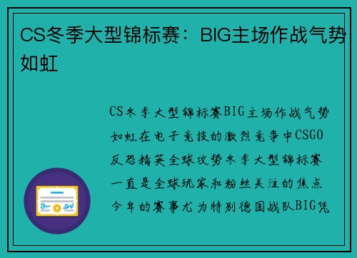 CS冬季大型锦标赛：BIG主场作战气势如虹